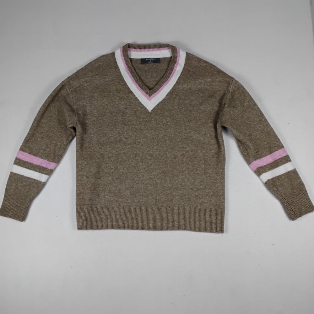 Primark Womens Small Brown V Neck Sweater Pink White Stripe Varsity Preppy Knit